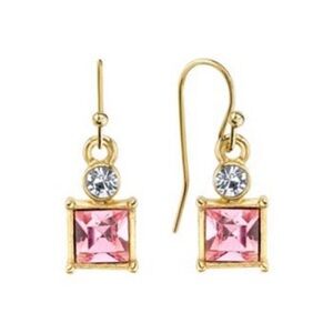 1928 Gold Tone with Pink Faceted Square Drop Earrings with Crystal NWOT